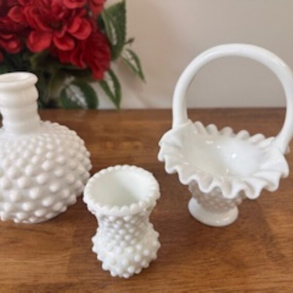 Hobnail Milk Glass Basket Jar and Vase Set Vintage Mid Century White Glass Home‎ - Picture 2 of 6